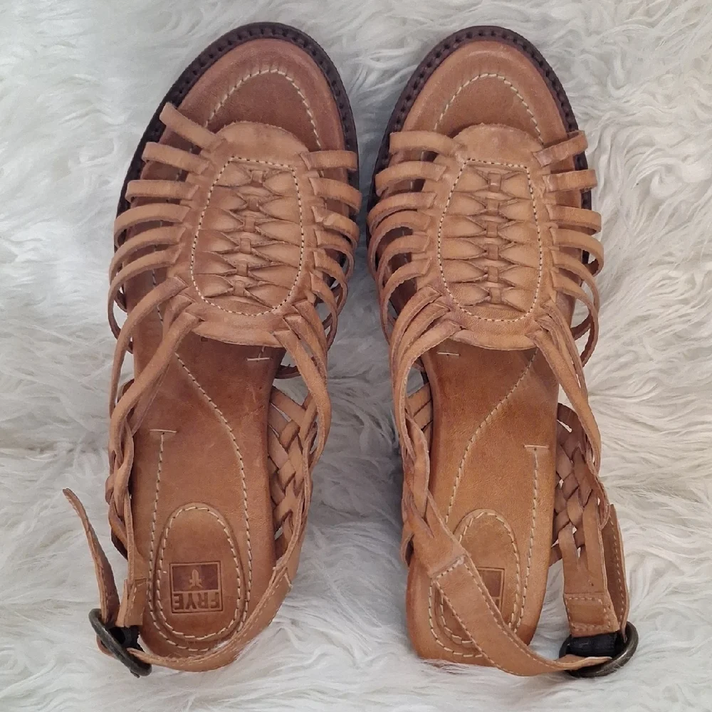 Frye's Joy Haurache Tan Heels with Woven Design and Ankle Strap - Picture 9 of 9